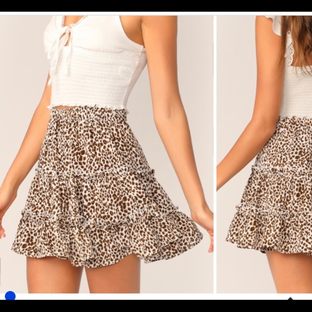 Leopard Print Layered Frill Trim Skater Skirt